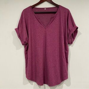 Women's Maroon Relaxed Cuffed Sleeve Tee V Neck Size XL